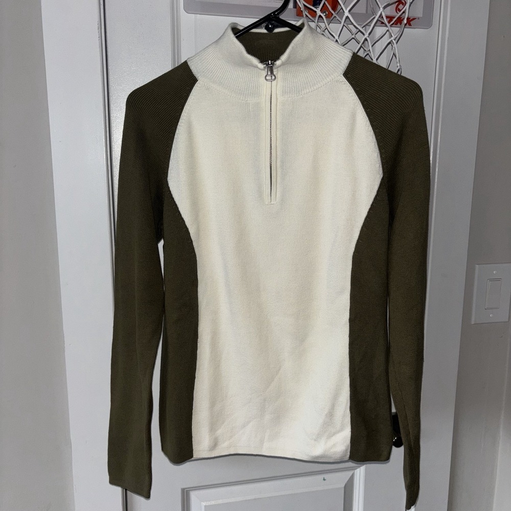Polo Jeans Co Ralph Lauren Mens L 1/4 Zip 100% Cotton Sweater Olive Green Cream